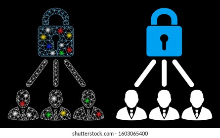 Bright mesh lock managers icon with lightspot effect. Abstract illuminated model of lock managers. Shiny wire carcass triangular mesh lock managers icon. Vector abstraction on a black background.