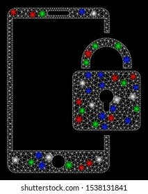 Bright mesh lock smartphone with lightspot effect. White wire frame triangular mesh in vector format on a black background. Abstract 2d mesh designed with triangular lines, round dots,