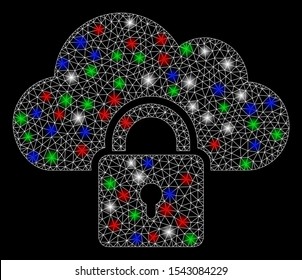 Bright mesh locked cloud with glare effect. White wire carcass triangular mesh in vector format on a black background. Abstract 2d mesh built from triangular lines, dots, colorful glare spots.