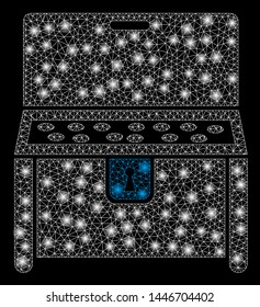 Bright mesh locked desk with glow effect. Abstract illuminated model of locked desk icon. Shiny wire carcass triangular mesh locked desk abstraction in vector format on a black background.