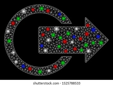 Bright mesh logout with glare effect. White wire carcass polygonal mesh in vector format on a black background. Abstract 2d mesh built from polygonal grid, dots, colored flash spots.