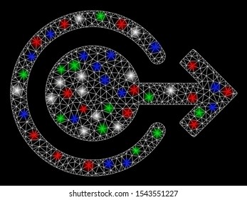 Bright mesh logout with glare effect. White wire carcass polygonal mesh in vector format on a black background. Abstract 2d mesh created from polygonal grid, small circle, colorful glare spots.