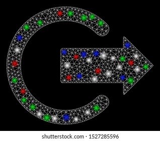 Bright mesh logout with glow effect. White wire carcass polygonal network in vector format on a black background. Abstract 2d mesh designed with polygonal grid, spheric points, colored flare spots.