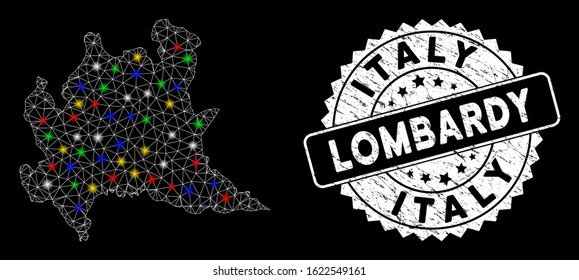 Bright mesh Lombardy region map with lightspot effect, and seal. Wire frame polygonal Lombardy region map mesh in vector format on a black background. White round seal with scratched surface.