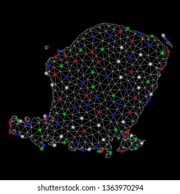 Bright mesh Lombok Island map with glare effect. Wire carcass polygonal mesh in vector format on a black background. Abstract 2d mesh designed with polygonal grid, dots, colorful flash spots.