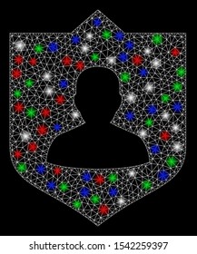 Bright mesh lord shield with glare effect. White wire carcass triangular mesh in vector format on a black background. Abstract 2d mesh designed with triangular lines, small circle,