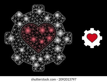 Bright mesh love mechanics web icon with flare spots. Illuminated model is generated from love mechanics vector icon. Flare frame web polygonal love mechanics, on a black background.