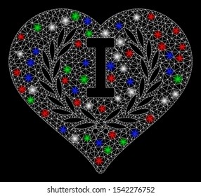 Bright mesh love number one with glare effect. White wire carcass polygonal network in vector format on a black background. Abstract 2d mesh designed with polygonal grid, points, colorful glare spots.