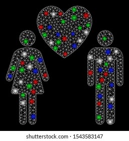 Bright mesh love persons with glow effect. White wire frame polygonal mesh in vector format on a black background. Abstract 2d mesh designed with polygonal grid, spheric points, colored flash spots.