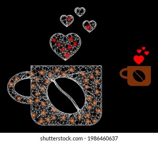 Bright mesh lovely coffee cup with light spots. Wire frame 2D mesh generated with crossing white lines and lovely coffee cup icon.