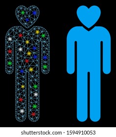 Bright mesh lover man icon with glare effect. Abstract illuminated model of lover man. Shiny wire carcass polygonal mesh lover man icon. Vector abstraction on a black background.