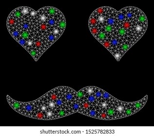 Bright mesh lover smiley with lightspot effect. White wire carcass triangular mesh in vector format on a black background. Abstract 2d mesh designed with triangular lines, spheric points,