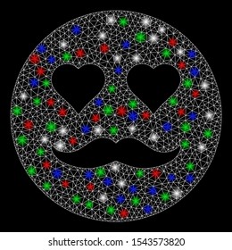 Bright mesh lover smiley with lightspot effect. White wire frame polygonal network in vector format on a black background. Abstract 2d mesh designed with polygonal grid, spheric points,