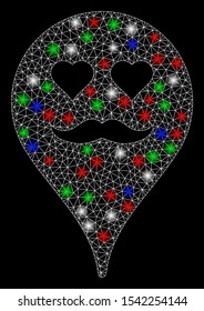 Bright mesh lover smiley map marker with lightspot effect. White wire frame polygonal mesh in vector format on a black background. Abstract 2d mesh designed with triangles, round dots,