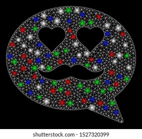 Bright mesh lover smiley message with glare effect. White wire frame triangular mesh in vector format on a black background. Abstract 2d mesh designed with triangular lines, spheric points,