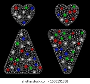 Bright mesh lovers with glow effect. White wire carcass triangular mesh in vector format on a black background. Abstract 2d mesh designed with triangular lines, points, colorful flare spots.