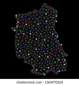 Bright mesh Lublin Voivodeship map with glare effect. Wire carcass polygonal mesh in vector format on a black background. Abstract 2d mesh designed with triangles, points, colored glare spots.