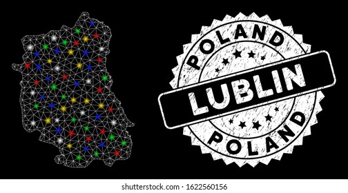 Bright mesh Lublin Voivodeship map with lightspot effect, and rubber print. Wire carcass triangular Lublin Voivodeship map mesh in vector format on a black background.