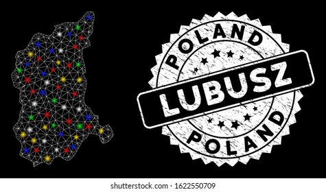 Bright mesh Lubusz Voivodeship map with glow effect, and seal. Wire frame polygonal Lubusz Voivodeship map mesh in vector format on a black background. White round watermark with rubber texture.
