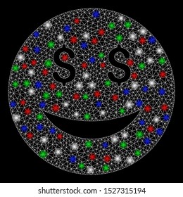 Bright mesh luck dollar smiley with lightspot effect. White wire carcass triangular mesh in vector format on a black background. Abstract 2d mesh designed with triangular lines, spheric points,