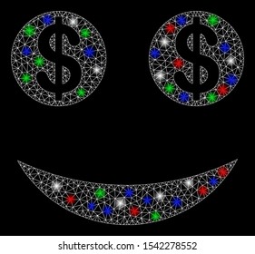 Bright mesh lucky dollar smiley with lightspot effect. White wire frame triangular network in vector format on a black background. Abstract 2d mesh designed with triangular lines, points,