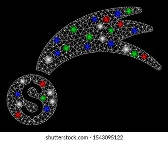 Bright mesh lucky money with glow effect. White wire frame triangular mesh in vector format on a black background. Abstract 2d mesh designed with triangular lines, dots, colorful flash spots.
