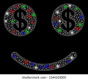 Bright mesh lucky money smiley with glare effect. White wire carcass polygonal mesh in vector format on a black background. Abstract 2d mesh built from polygonal grid, small circle,