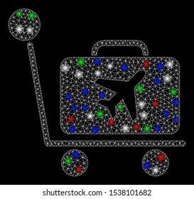 Bright mesh luggage trolley with glare effect. White wire frame triangular mesh in vector format on a black background. Abstract 2d mesh designed with triangular lines, points, colorful light spots.