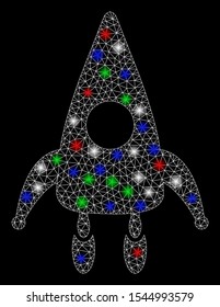 Bright mesh lunar module with glare effect. White wire carcass triangular mesh in vector format on a black background. Abstract 2d mesh designed with triangular lines, round dots, colored light spots.