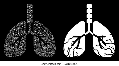Bright mesh lungs cancer with glow effect. Abstract illuminated model based on lungs cancer icon. Shiny wire carcass triangular mesh lungs cancer. Vector abstraction on a black background.