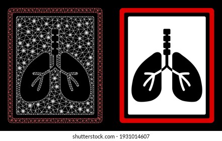 Bright mesh lungs x-ray photo with glare effect. Abstract illuminated model based on lungs x-ray photo icon. Shiny wire carcass triangular mesh lungs x-ray photo.
