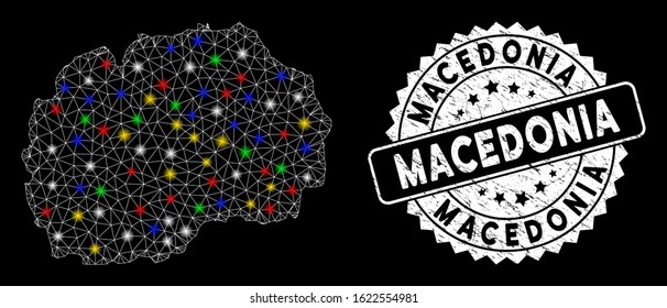 Bright mesh Macedonia map with lightspot effect, and stamp. Wire carcass polygonal Macedonia map mesh in vector format on a black background. White round rubber stamp with rubber surface.