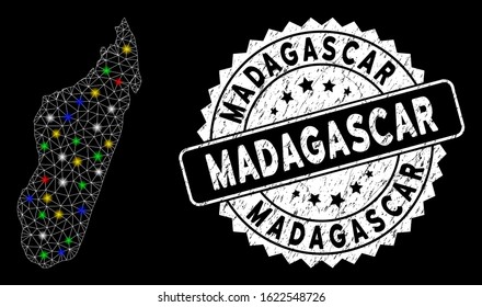 Bright mesh Madagascar Island map with glare effect, and seal. Wire carcass triangular Madagascar Island map mesh in vector format on a black background.