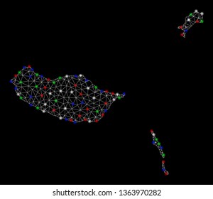 Bright mesh Madeira Islands map with glare effect. Wire carcass polygonal mesh in vector format on a black background. Abstract 2d mesh built from polygonal grid, small circle, colorful flash spots.