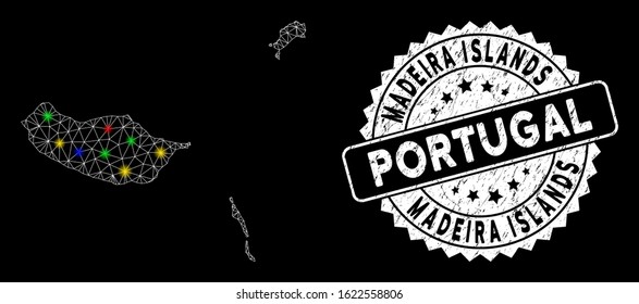 Bright mesh Madeira Islands map with glow effect, and seal stamp. Wire carcass polygonal Madeira Islands map mesh in vector format on a black background. White round seal stamp with grunge textures.