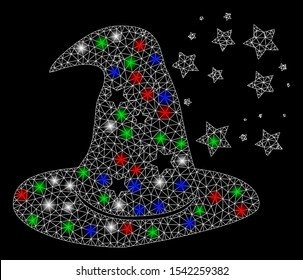 Bright mesh magic hat with glow effect. White wire frame polygonal mesh in vector format on a black background. Abstract 2d mesh designed with polygonal grid, round dots, colorful light spots.