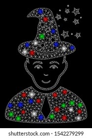 Bright mesh magic master with glare effect. White wire carcass polygonal mesh in vector format on a black background. Abstract 2d mesh designed with polygonal grid, round dots, colorful light spots.
