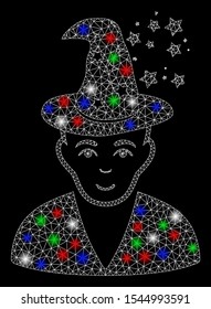 Bright mesh magic master with glare effect. White wire carcass polygonal mesh in vector format on a black background. Abstract 2d mesh created from polygonal grid, round dots, colored flash spots.