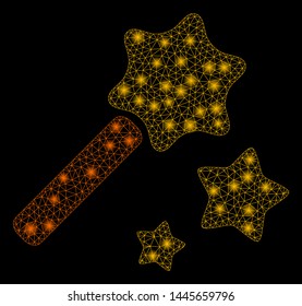 Bright mesh magic wand with glitter effect. Abstract illuminated model of magic wand icon. Shiny wire frame triangular mesh magic wand. Vector abstraction on a black background.