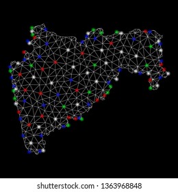 Bright mesh Maharashtra State map with glow effect. Wire carcass polygonal mesh in vector format on a black background. Abstract 2d mesh designed with triangular lines, spheric points,