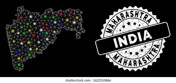 Bright mesh Maharashtra State map with lightspot effect, and seal. Wire carcass triangular Maharashtra State map network in vector format on a black background.