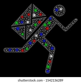 Bright mesh mail courier with glare effect. White wire carcass triangular mesh in vector format on a black background. Abstract 2d mesh built from triangular lines, dots, colored flare spots.