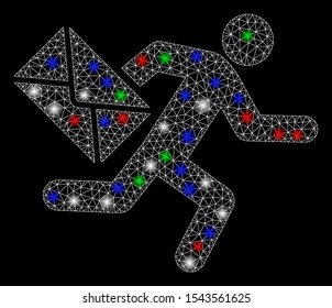 Bright mesh mail courier with glare effect. White wire carcass polygonal mesh in vector format on a black background. Abstract 2d mesh built from polygonal grid, spheric points, colored light spots.