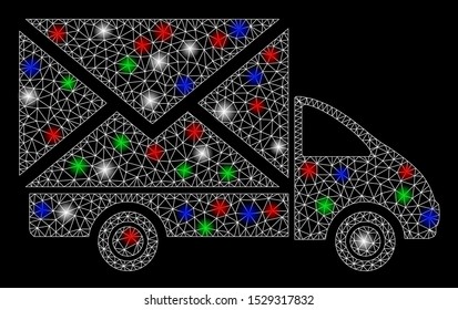 Bright mesh mail delivery car with glare effect. White wire frame triangular mesh in vector format on a black background. Abstract 2d mesh designed with triangular lines, dots, colored glare spots.
