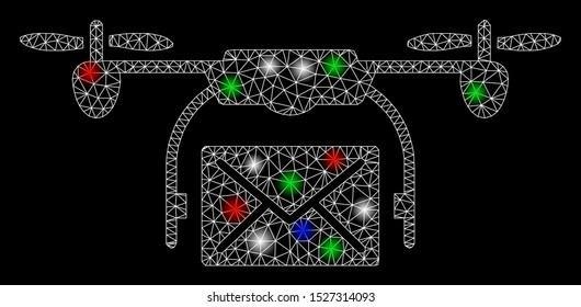Bright mesh mail delivery drone with glare effect. White wire carcass triangular mesh in vector format on a black background. Abstract 2d mesh created from triangular lines, spheric points,