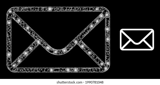 Bright mesh mail envelope with glowing spots. Wire carcass flat mesh generated with crossing white lines and mail envelope icon.