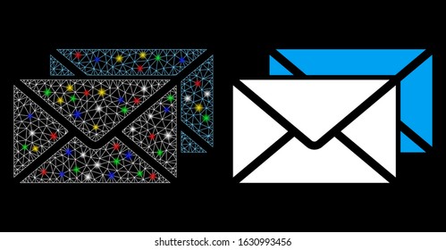 Bright mesh mail envelopes icon with glitter effect. Abstract illuminated model of mail envelopes. Shiny wire carcass polygonal mesh mail envelopes icon. Vector abstraction on a black background.
