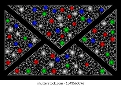 Bright mesh mail with glow effect. White wire carcass triangular mesh in vector format on a black background. Abstract 2d mesh designed with triangles, points, colorful flash spots.