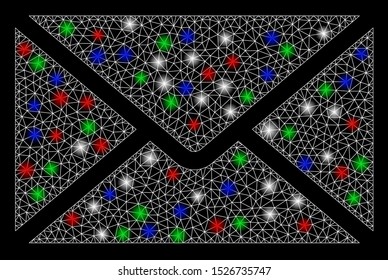 Bright mesh mail with lightspot effect. White wire frame polygonal mesh in vector format on a black background. Abstract 2d mesh built from polygonal grid, spheric points, colored flare spots.