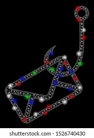 Bright mesh mail phishing hook with glare effect. White wire carcass polygonal mesh in vector format on a black background. Abstract 2d mesh designed with polygonal grid, round dots,